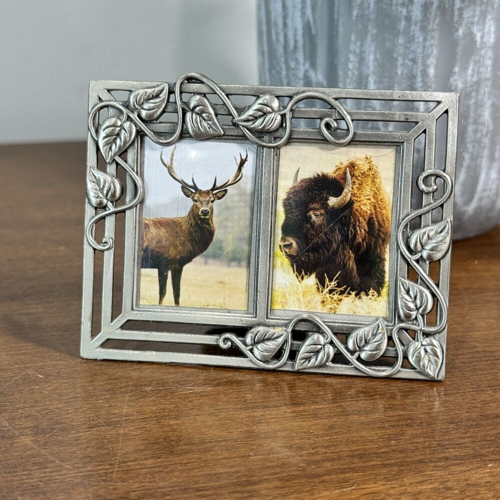 Pewter Tone Metal Leaf Vine Double Picture Frame 2x3 Tabletop Deer Bison Lodge